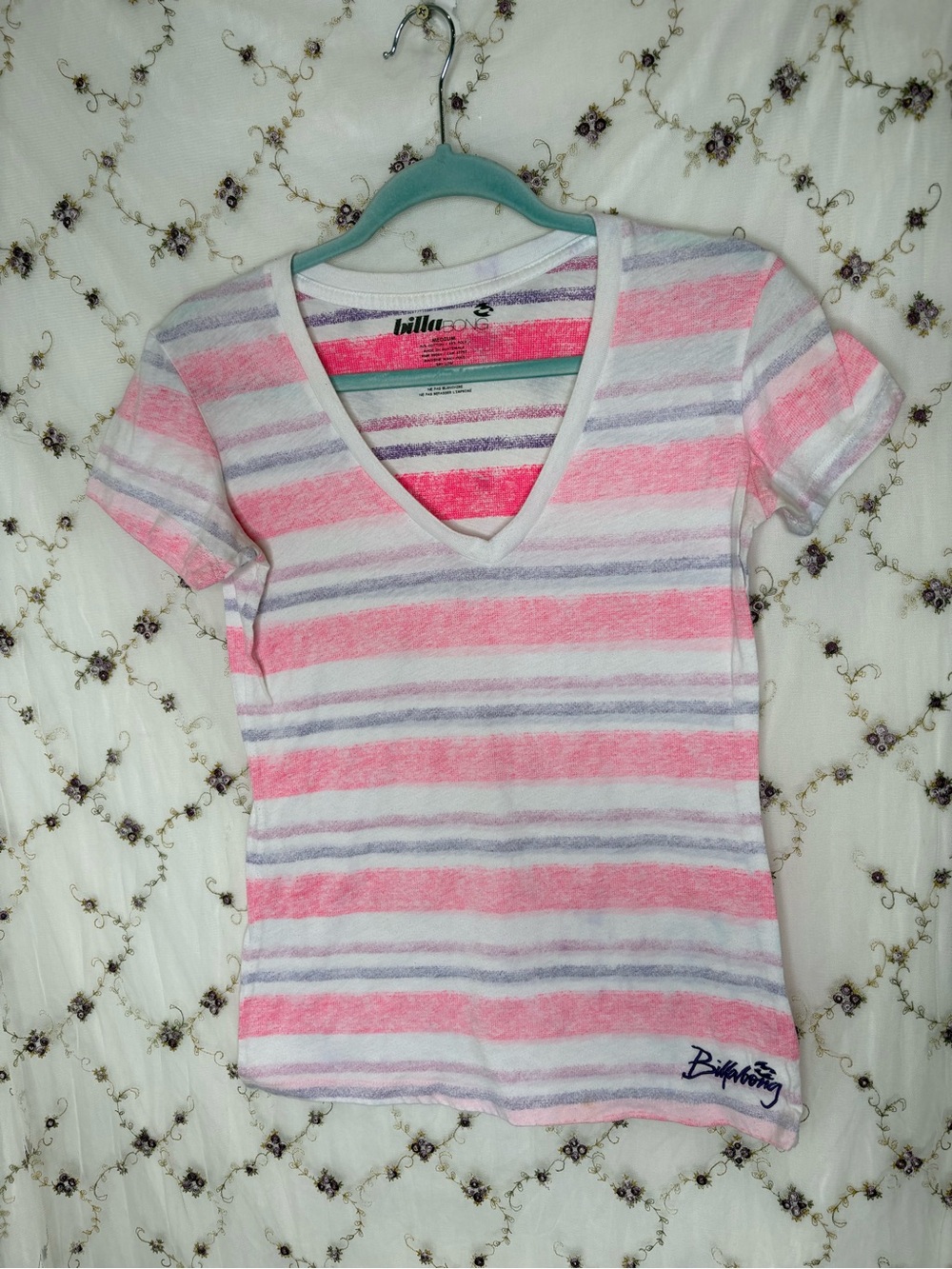 Billabong Pink, Purple & White Striped V-Neck Tee